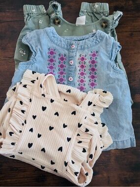 Girls' bundle size 6-9 months. One piece, overalls, 2 piece set